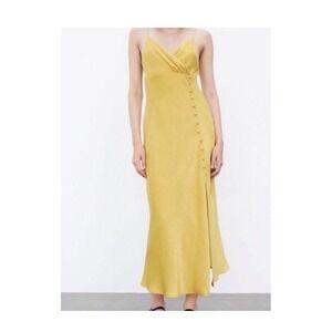 Zara Strappy Mustard Chartreuse Yellow Satin Midi Maxi Dress Size Large Party